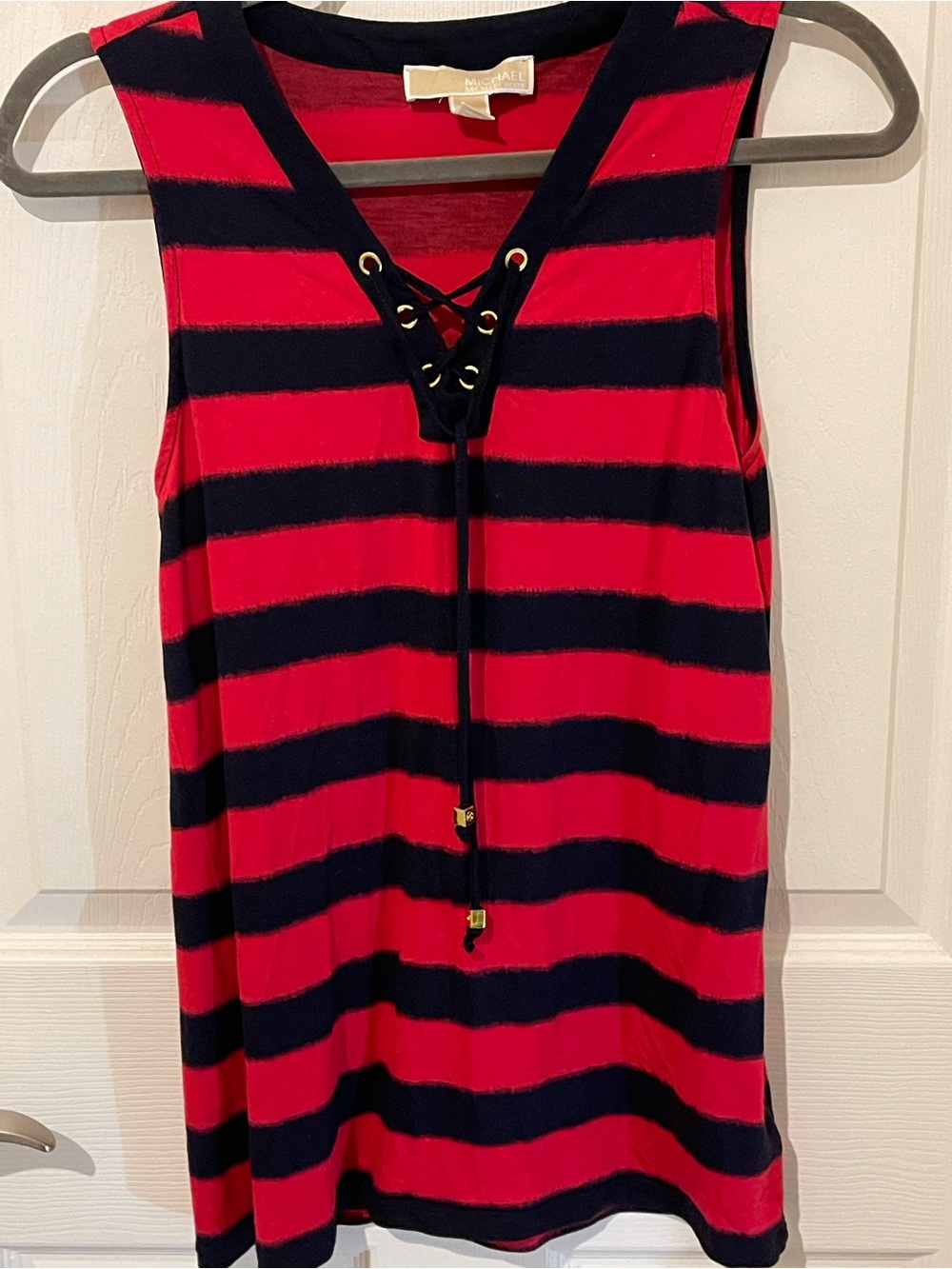 Michael Kors Red & Navy Lace-Up Striped Tank